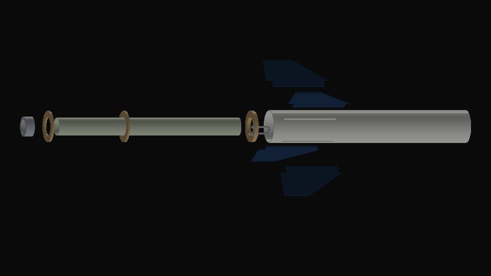 SOLIDWORKS exploded render: the motor mount assembly slid out of the aft end, fins moved outward