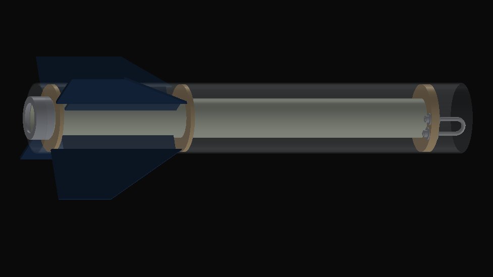 SOLIDWORKS x-ray render showing the motor mount tube, centering rings, through-the-wall fin tabs and the U-bolt