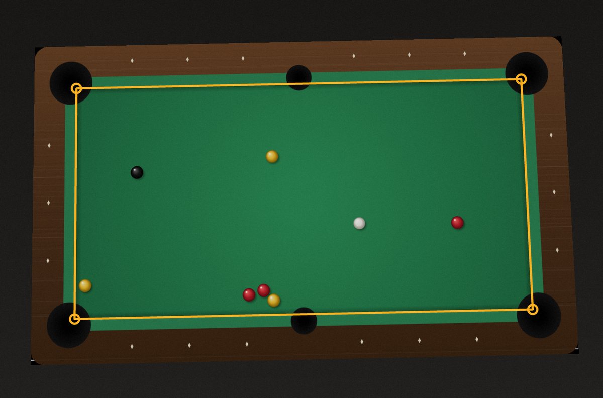 A photo of a pool table taken from above, with the table's playing area outlined in orange and a ring at each corner