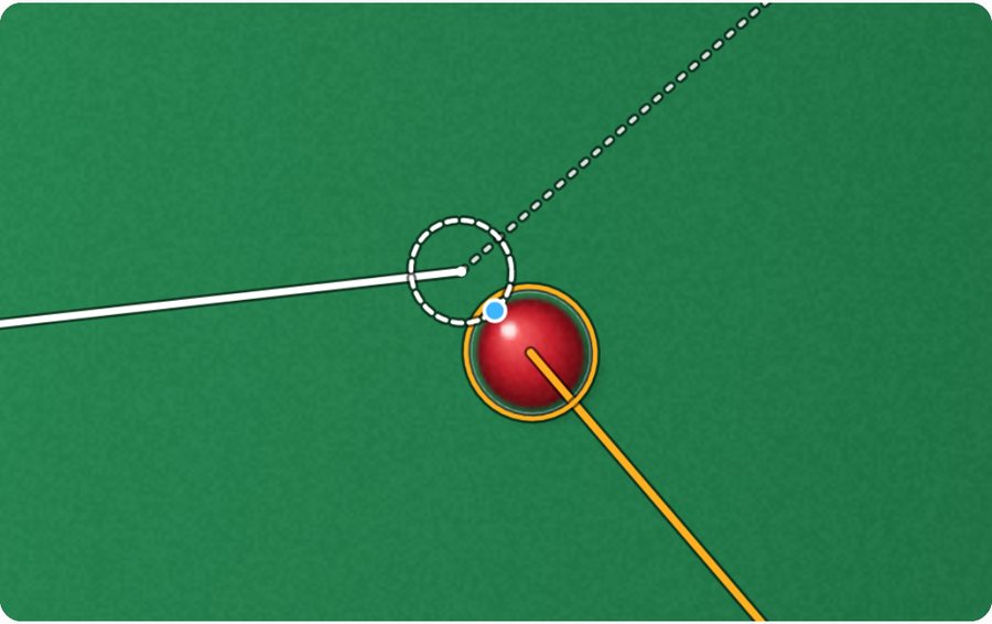 The app's close-up of the contact: the dashed ghost ball touching the red, with the aim line and the path to the pocket