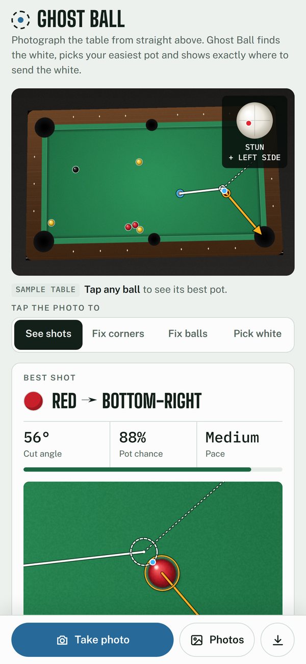 The Ghost Ball app on a phone, showing the photo with the best shot drawn on it and the shot card below