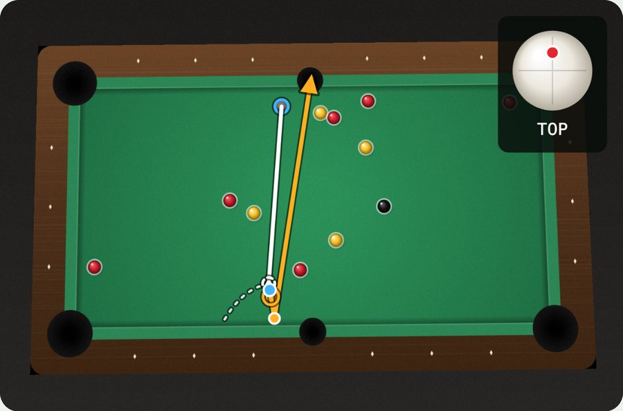 Bank drawn by the app: the yellow comes off the bottom cushion and runs up into the top middle pocket