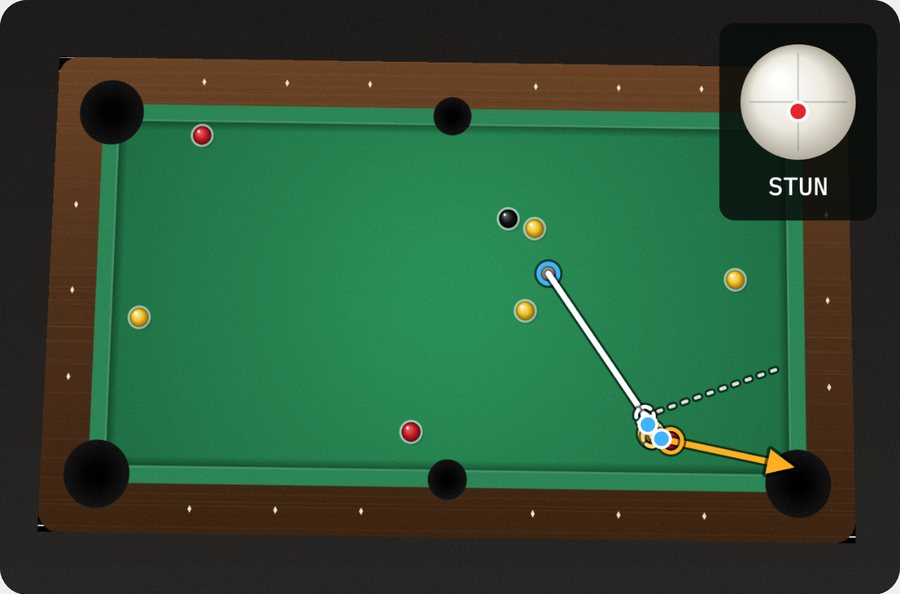 Combination drawn by the app: the white hits a yellow, which knocks a red into the pocket