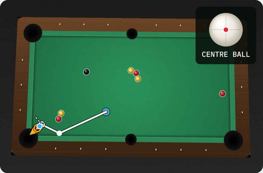 Kick drawn by the app: the white comes off the bottom cushion before reaching the object ball