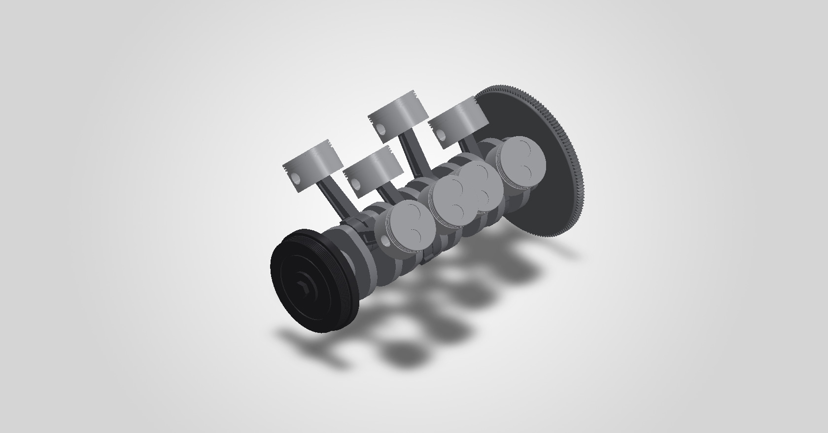 SOLIDWORKS render of the crankshaft, rods, pistons, balancer and flywheel