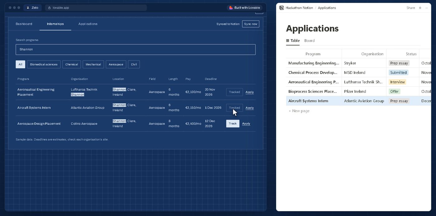 Zeto's Internships tab filtered to Shannon, beside Notion's Applications table, where the newly tracked Aircraft Systems Intern row is highlighted