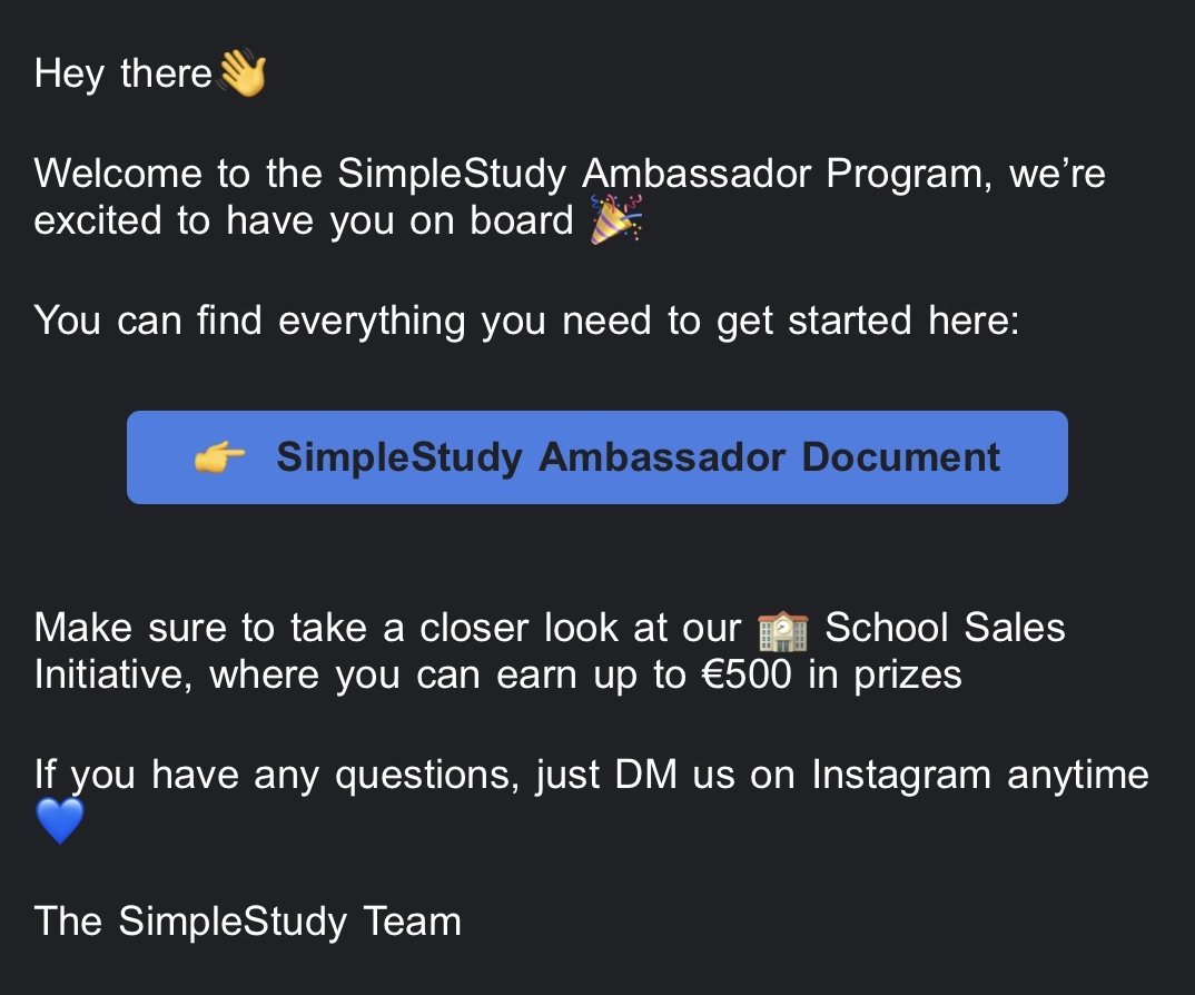 Email from the SimpleStudy Team: Welcome to the SimpleStudy Ambassador Program, we’re excited to have you on board.